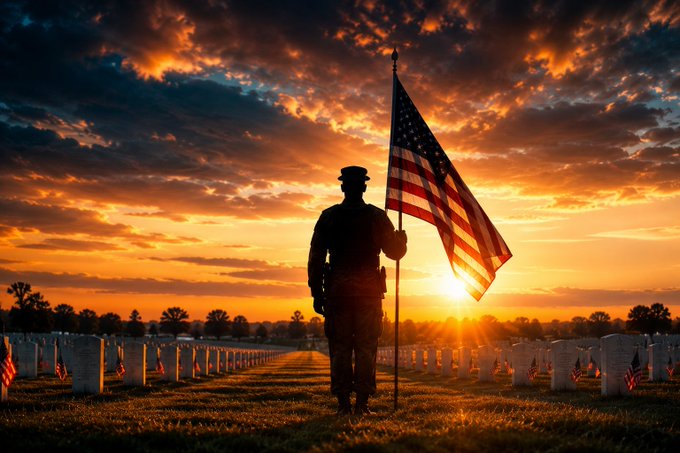 urns of fallen soldiers stand tall on a field, with the American flag flying high above them against a backdrop of a breathtaking sunset sky.