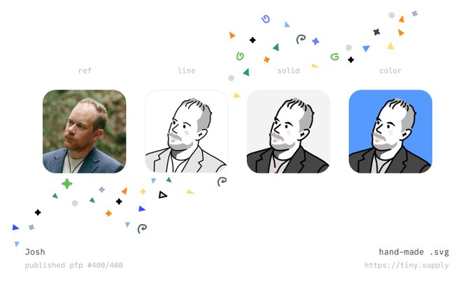 A digital illustration service webpage showing a step-by-step transformation of a photo of a man named 'Josh' into various line art and colored SVG styles, generated via tiny.supply.
