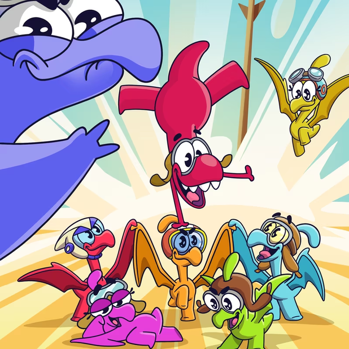 A colorful cartoon scene featuring various bird-like characters with goggles and aviator accessories, plus a large blue character, set against a sunburst background.