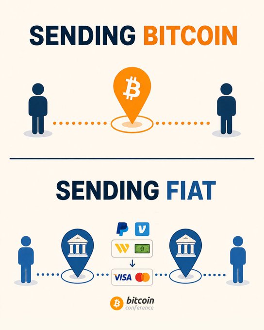An infographic comparing 'SENDING BITCOIN' (direct peer-to-peer) versus 'SENDING FIAT' (going through banks, PayPal/Venmo, and Visa/Mastercard), branded by Bitcoin Conference.