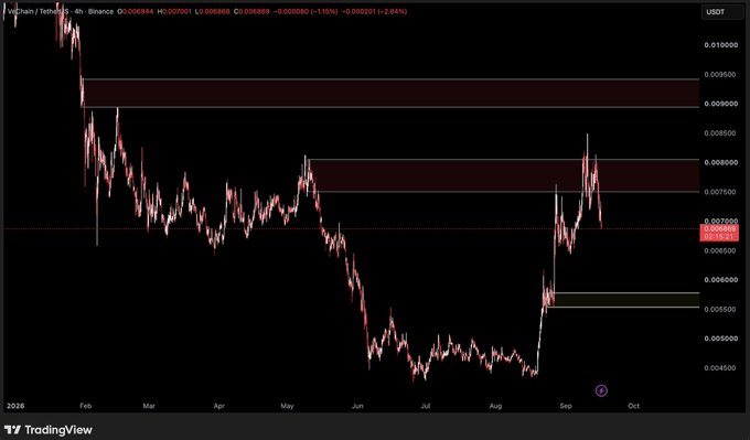 A TradingView candlestick chart of VeChain/TetherUS (VET/USDT) on Binance, showing price action with red resistance zones marked around the 0.0080-0.0090 USDT range and a current price near 0.00689.