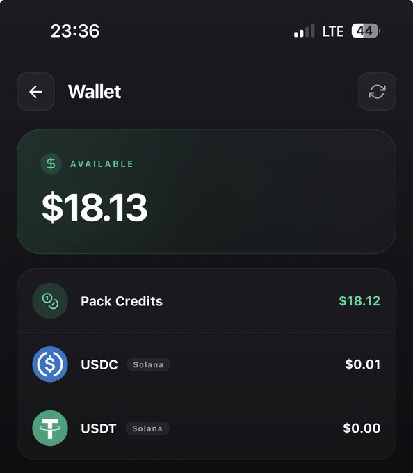 A mobile wallet screen showing an available balance of $18.13, including $18.12 in Pack Credits, $0.01 USDC on Solana, and $0.00 USDT on Solana.