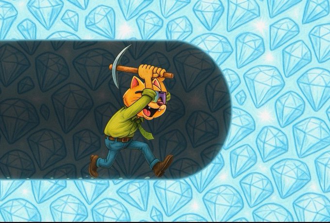 An animated illustration showing a character in a green shirt swinging a pickaxe, set against a background pattern of blue diamond/gem shapes with a dark vignette frame.