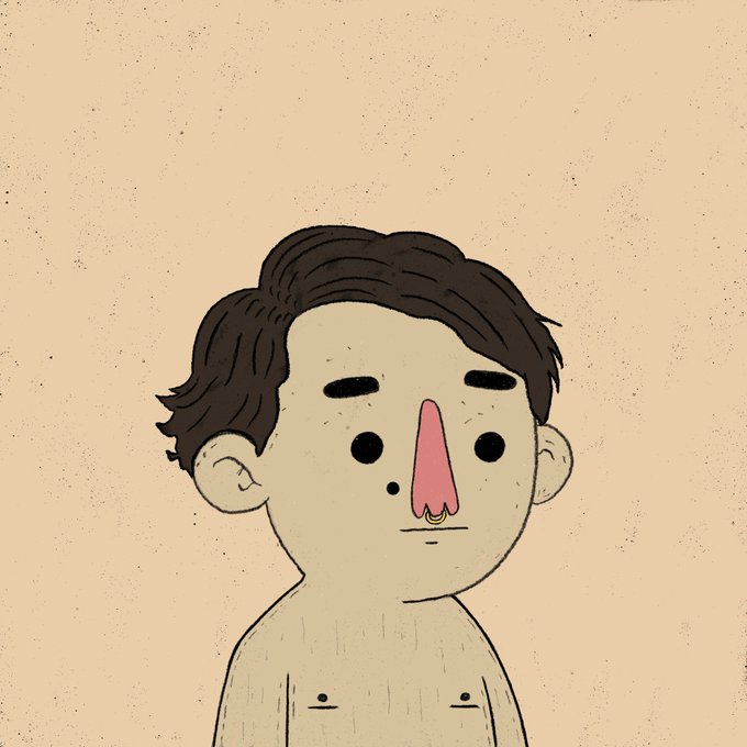 An illustration of a shirtless young man with messy brown hair and a prominent pink nose, featuring minimalist facial features and a small nose ring against a beige background.
