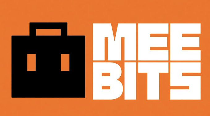 An orange graphic with a black briefcase icon and bold white text reading 'MEE BITS'.
