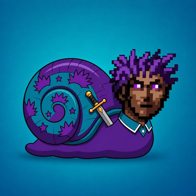 A digital illustration of a pixel-art snail character with a purple spiraled shell adorned with stars and a purple mane, carrying a small sword on its back against a teal background.