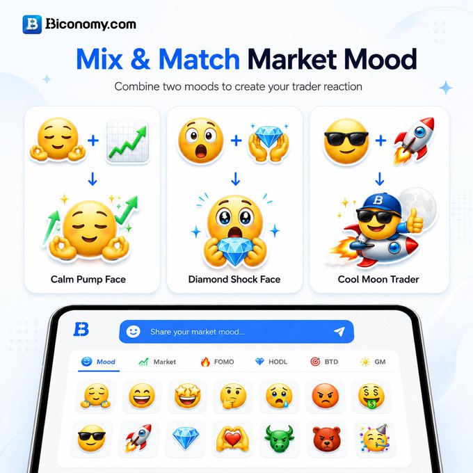 A promotional graphic for Biconomy.com advertising a 'Mix & Match Market Mood' feature, showing combinations like 'Calm Pump Face,' 'Diamond Shock Face,' and 'Cool Moon Trader,' with a phone mockup displaying a chat interface with various mood emojis.