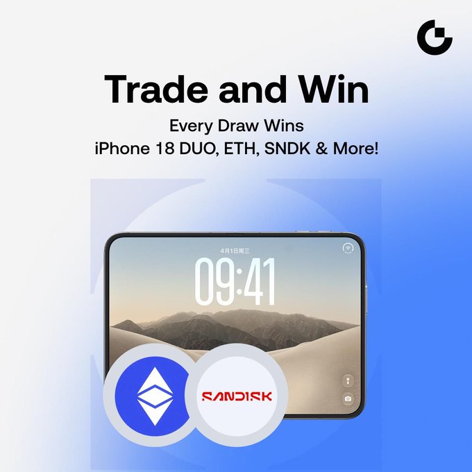 A sleek promotional graphic featuring an iPhone displayed against a blue gradient background, with circular badges for ETH (Ethereum) and SanDisk (SNDK) in the foreground, accompanied by the headline "Trade and Win - Every Draw Wins" promoting prizes like an iPhone 18 DUO, ETH, and SNDK. The image visually represents the giveaway campaign's featured rewards—premium devices, and crypto and tech stock prizes—reinforcing the "Every Draw Wins" trading promotion.