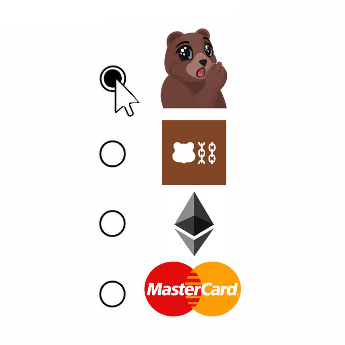 A meme featuring a cartoon teddy bear selecting its preferred blockchain for minting, with the cursor currently hovering over "NFT" (depicted with a bear-shaped token), while options for Ethereum and MasterCard remain unselected. The image humorously relates to the post by implying the bear would choose NFT over traditional cryptocurrency networks or payment systems.