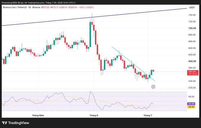 A TradingView candlestick chart of BNB/USDT on Binance showing a recent price decline with a downward trendline, current price around $569, with an RSI indicator at 44.40 in the panel below.