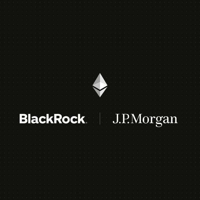 Black and white graphic showing the Ethereum logo above the text 'BlackRock' and 'J.P.Morgan' separated by a vertical line, indicating a partnership.