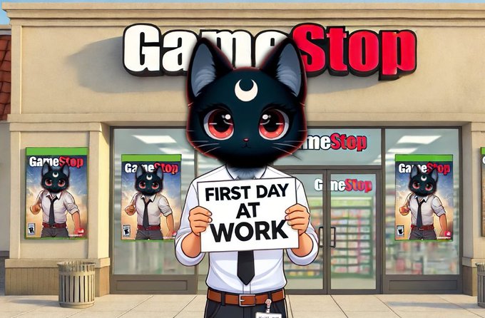 An anime-style illustration features a black cat character holding a sign reading 'FIRST DAY AT WORK' in front of a GameStop storefront.