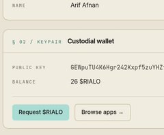 A digital wallet interface displaying the name 'Arif Afnan' with a public key starting 'GEHpuTU4K6Hgr242Kxf52uYHZ...' and a balance of '26 $RIALO', featuring buttons for 'Request $RIALO' and 'Browse apps'.