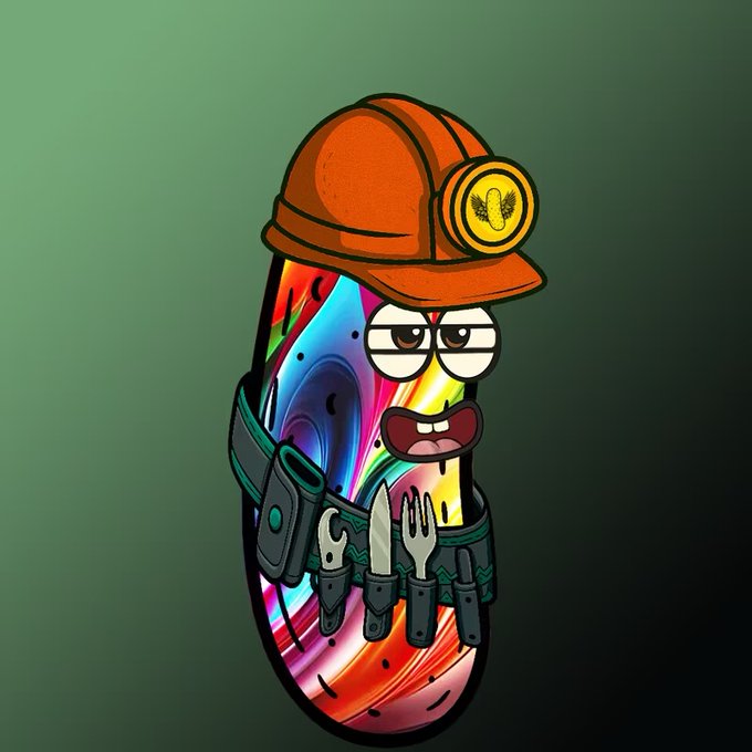 A cartoon illustration of a colorful, rainbow-patterned capsule character wearing an orange miner's hard hat with a headlamp, equipped with a tool belt holding a wrench, knife, and fork, set against a green background.