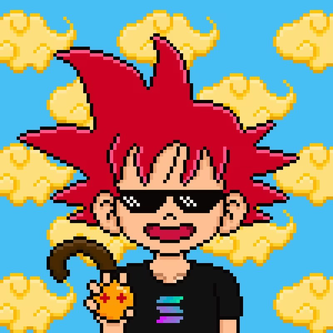 A pixel art illustration of a character with spiky red hair and black sunglasses holding a star cookie against a blue sky with yellow clouds.