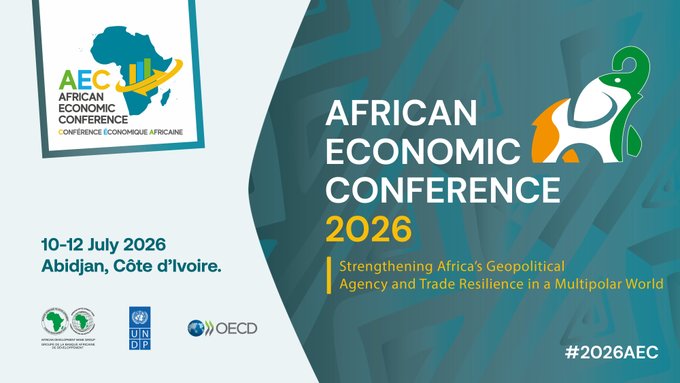 A banner for the 'AFRICAN ECONOMIC CONFERENCE 2026' taking place '10-12 July 2026' in 'Abidjan, Côte d'Ivoire', themed 'Strengthening Africa's Geopolitical Agency and Trade Resilience in a Multipolar World'.