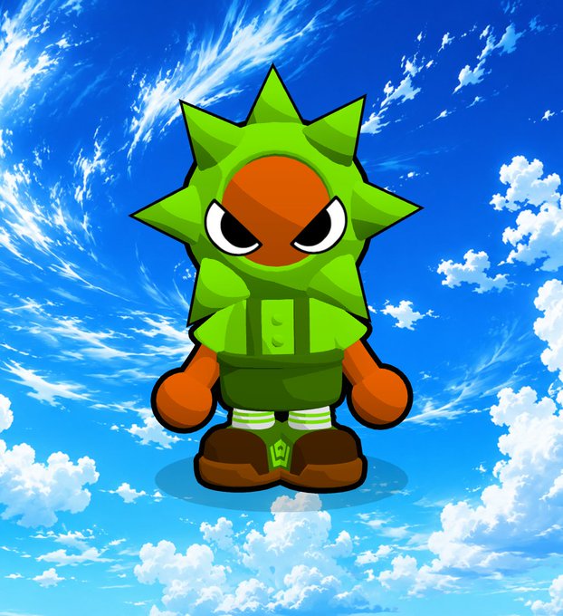 A cartoon character wearing a green spiky hood, green shirt, and brown shoes stands against a blue sky background with clouds.