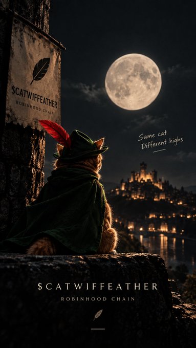 A promotional poster for 'SCATWIFFEATHER on ROBINHOOD CHAIN' featuring an orange cat in a green cloak and feathered hat looking at a moonlit castle, with the tagline 'Same cat, Different highs.'