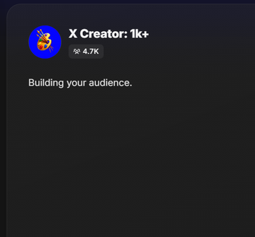 A dark interface shows an "X Creator: 1k+" rank badge with 4.7K wallets, paired with the text "Building your audience." This corresponds to the entry-level tier in the Base Creator Rank system displayed in the post, highlighting the most populated creator tier with 4,700 wallets holding the 1k+ designation.