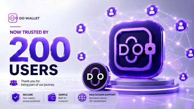 A promotional banner for 'DO WALLET' celebrating 'NOW TRUSTED BY 200 USERS,' featuring a glowing purple logo with user connection icons and tags highlighting 'SECURE,' 'SIMPLE,' and 'MULTICHAIN SUPPORT.'