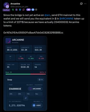 A screenshot of a tweet by Arcanine (@arcanine_on_arc) about an ETH bridge to ARC token, displaying token statistics including a price of $0.1331, market cap of $3.2K, and a wallet address.