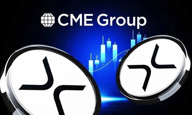 The image features a logo with two white circles, one larger than the other, both containing an x symbol inside of them. The background of the image is blue, and there are two dollar signs placed above the circles. Below these symbols, there's text that reads "CME Group" followed by "24/7 trading hours for cryptocurrency derivatives".