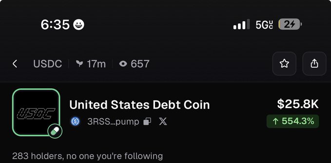 A mobile screen shows a crypto token called "USDC - United States Debt Coin" with a market cap of $25.8K and a +554.3% gain, noting "283 holders." This sarcastically mocks the meme coin's 657 viewers, with only 283 actually invested—illustrating the post's joke about a crowd waiting to buy into a hyped but volatile token that rarely dips.