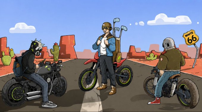 Three cartoon motorcyclists stop along a desert highway marked "ROUTE 66" to examine a souvenir, fitting the post's giveaway announcement for LastLapRH NFT mints on the Robinhood chain.