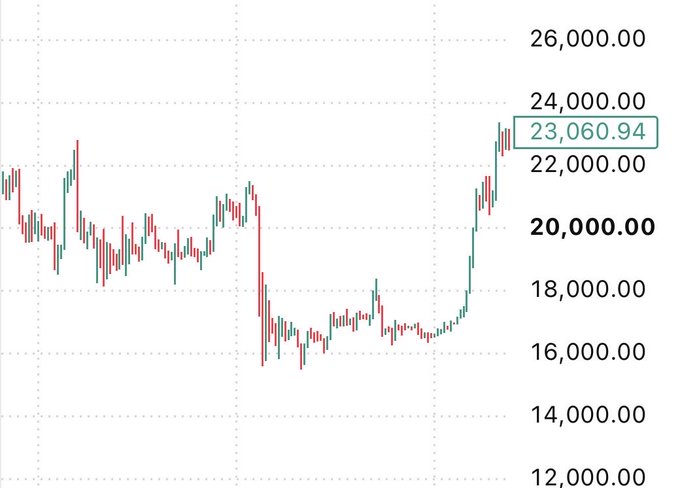 A candlestick chart shows Bitcoin's price dropping from around $20,000 to a low near $15,000 before rallying to $23,060.94, illustrating the post's point that those who bought the early dip at $19,000 were ultimately rewarded when prices reached $120,000, while bearish skeptics missed the run.
