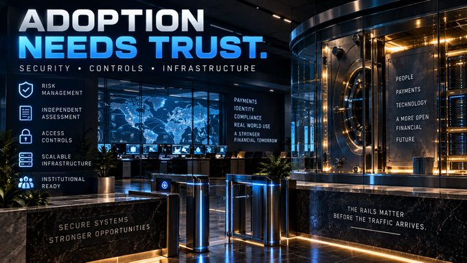 A corporate advertisement with the bold headline 'ADOPTION NEEDS TRUST.' highlighting 'SECURITY • CONTROLS • INFRASTRUCTURE' over a futuristic, high-tech interior with turnstiles and a vault door.