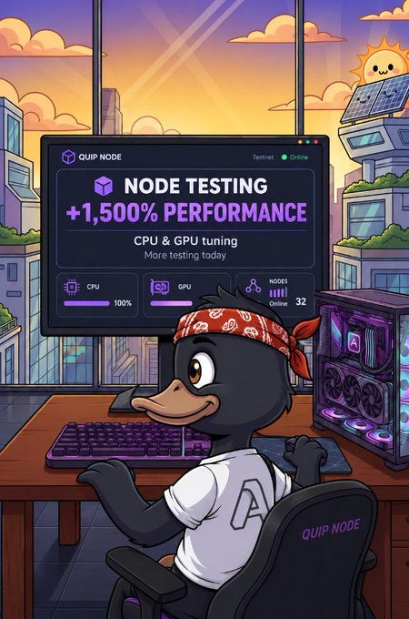 An animated duck mascot wearing a bandana sits at a gaming setup with a monitor displaying 'QUIP NODE NODE TESTING +1,500% PERFORMANCE' and CPU/GPU statistics against a city sunset backdrop.