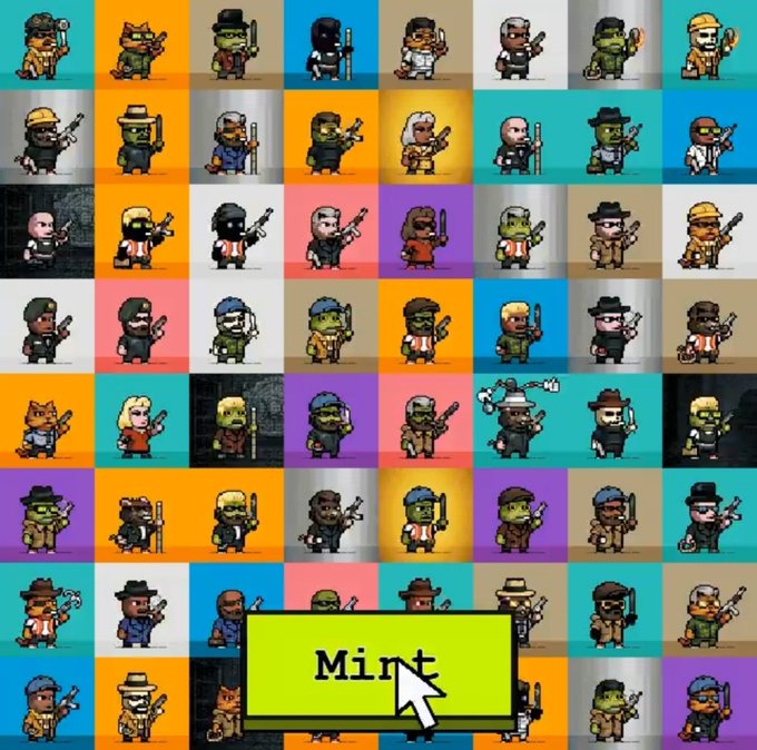 The image displays a grid of various pixel-art gangster characters, each holding weapons and dressed in different outfits, with a prominent "Mint" button at the bottom center featuring a cursor icon. This visual relates to the accompanying text about the "Spy Inc" GameFi project, showcasing the diverse collection of NFT characters that will be available for minting on September 4th at 0.0065 ETH each, highlighting the variety of avatars in this onchain gaming collection.