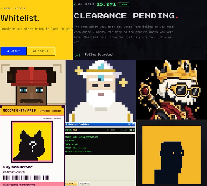 A collage showing various Bitfoots/Zeevisions whitelist application interfaces, pixel art characters, and a status window showing "APPLICATION RECEIVED".
