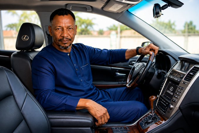 A man in a blue traditional outfit sits in the driver's seat of a Lexus, with the 'LEXUS' logo visible on the car's infotainment screen.