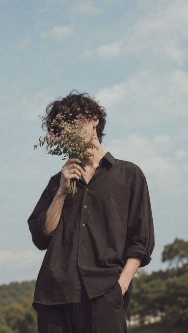 A person with curly hair wearing a black button-up shirt stands against a partly cloudy sky, holding a bouquet of delicate white and pink wildflowers that obscures their face.
