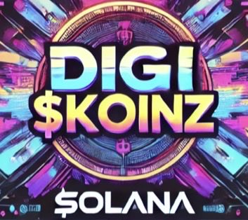 The image features a colorful poster for Digi $Skoinz, an online currency platform that allows users to earn digital coins by completing various tasks or listening to music. The poster includes text that reads "Utility based memecoin on Solana are starting to heat up My top play is $KOINZ which powers the digiverse and you can earn koinz from completing missions, listening to music, staking NFTs, etc." Additionally, there's a logo for the platform, which consists of a circle with a dollar sign inside. The background of the poster is filled with vibrant colors and abstract shapes, creating an eye-catching visual representation of Digi $Skoinz.