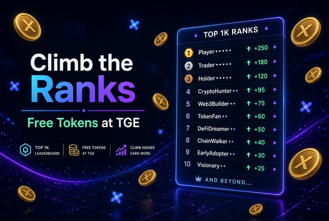 The image is a promotional graphic featuring a glowing "TOP 1K RANKS" leaderboard with rewards ranging from +250 to +25 points, alongside the text "Climb the Ranks – Free Tokens at TGE," which visually reinforces the @commonsmade ranking campaign encouraging participants to sign in via X, earn points, and qualify for the free TGE tokens and $1,500 giveaway.