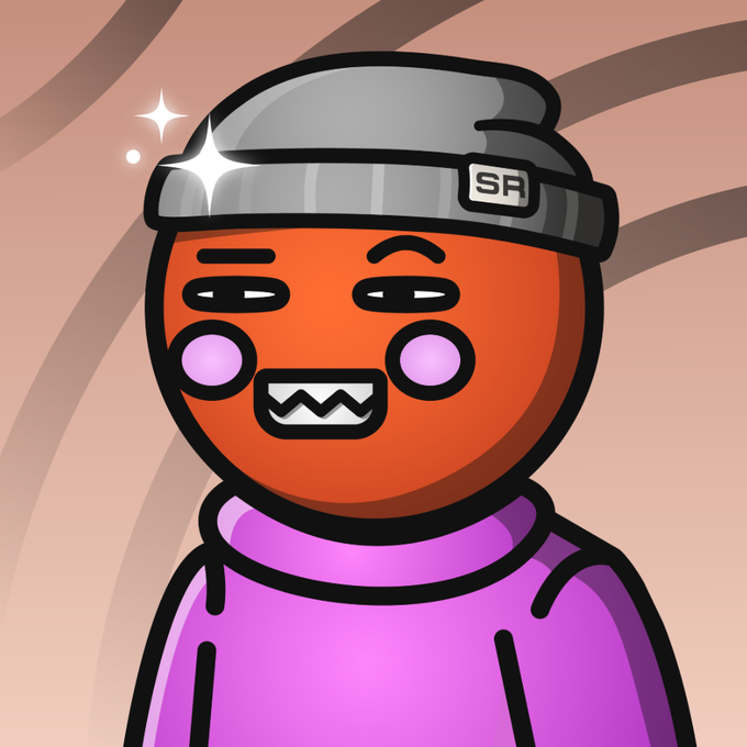 A cartoon character with an orange/red face wearing a gray beanie with "SR" embroidered on it and a pink shirt, featuring sparkles around the head that emphasize a celebratory vibe matching the "Legendary" caption for @SpaceRidersXYZ.