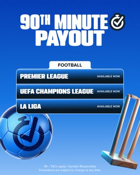 The image is a promotional graphic for Stake's "90th Minute Payout" football betting offer, available now across the Premier League, UEFA Champions League, and La Liga. The post "Catch what's happening on Stake this September!" aligns with this promotion by highlighting the timely football betting opportunities featured in the blue-themed advertisement.