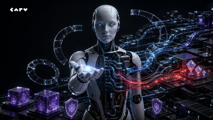 A sleek humanoid robot with glowing blue eyes extends its palm toward a glowing orb, surrounded by digital security shields and flowing data streams in a dark circuit-board landscape, with "CAP" visible in the top left corner. The image illustrates the post's point about AI agents handling finances—visually representing how AI wields power over assets but lacks verifiable trust, reinforcing the call for onchain reputation as a transparent safeguard rather than blind faith.
