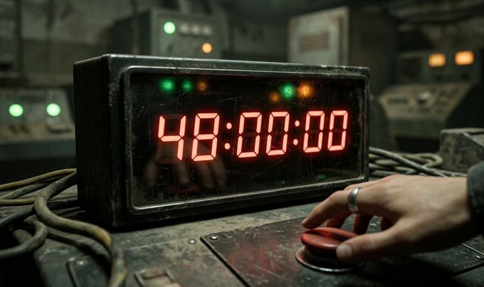 A hand hovers over a red button near a digital countdown timer displaying '48:00:00' in glowing red digits, set against a dark, industrial background.