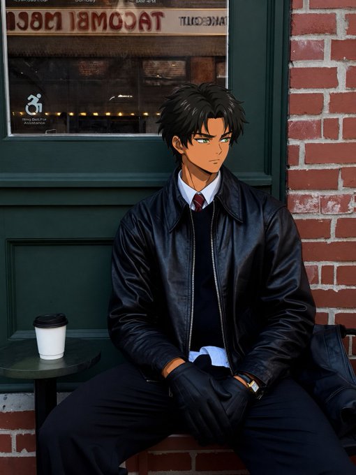 An anime-style illustration of a young man with black hair wearing a black leather jacket and gloves, sitting on a bench next to a coffee cup outside a café with a brick wall.