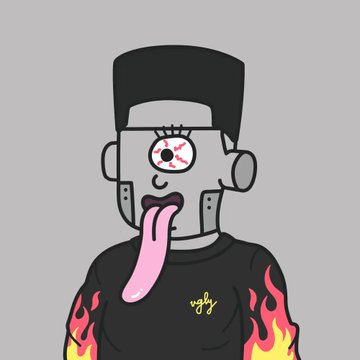 A cartoon character illustration of a grey-skinned figure with a Frankenstein-style flat head, stitched face, one red eye, a protruding tongue, and flames on the shoulders, wearing a black shirt labeled 'ugly'.