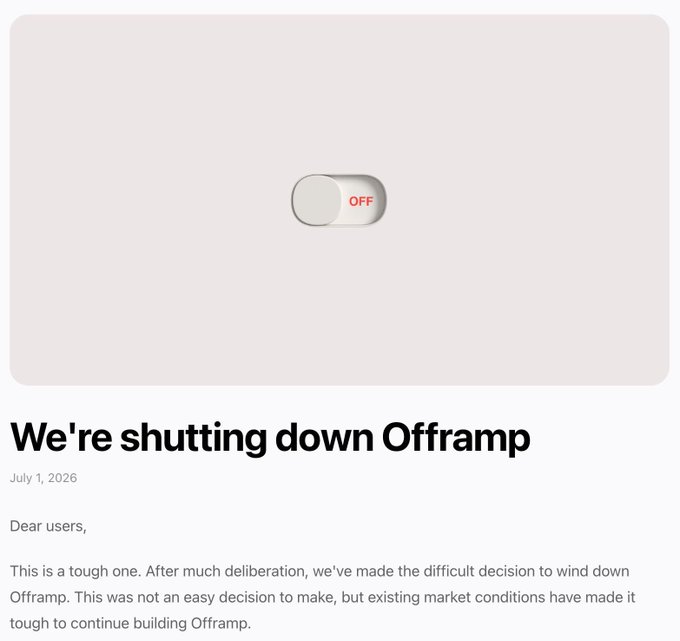 The image shows an announcement titled "We're shutting down Offramp" dated July 1, 2026, featuring an "OFF" toggle switch graphic, explaining the company is winding down operations due to tough market conditions.

The post shares a Spanish-language alternative called @KASTxyz, which appears to be promoting their app as a replacement option for Offramp users, offering perks like a $20 welcome bonus on first $100 spent and a free USD account backed by stablecoins. The image relates to the post by providing context—Offramp users looking for alternatives would benefit from switching to KASTxyz before the July 2026 shutdown.