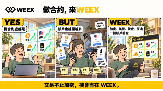 A WEEX cryptocurrency advertisement in Chinese featuring a YES/BUT/WEEX comparison, with text '做合約，來WEEX' and '交易不止加密，機會盡在 WEEX', promoting access to crypto, US stocks, gold, and oil trading.