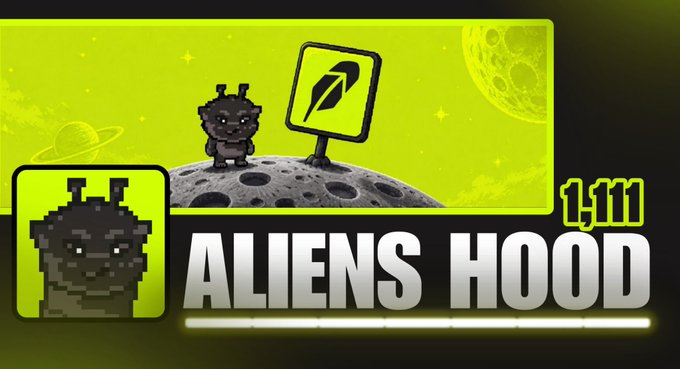 Promotional graphic for 'ALIENS HOOD' token featuring pixel-art alien characters on a moon-like surface against a green space background, with the number '1,111' displayed.