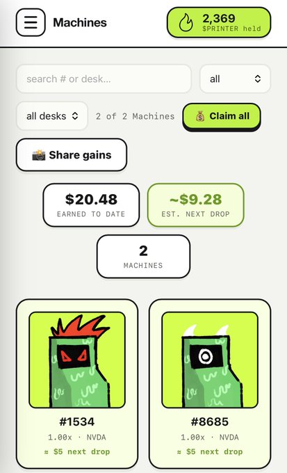 A "Machines" dashboard displays two NFT machines (#1534 and #8685) generating passive NVDA earnings, with $20.48 earned to date, an estimated $9.28 next drop, and 2,369 $PRINTER tokens held. The interface supports the poster's excitement about earning passive income from NFTs via the new meta referenced in their tweet.