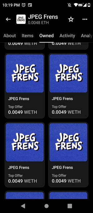 A screenshot of the OpenSea app showing the JPEG Frens collection with floor price 0.0048 ETH and four listed NFT cards with top offers of 0.0049 WETH each.