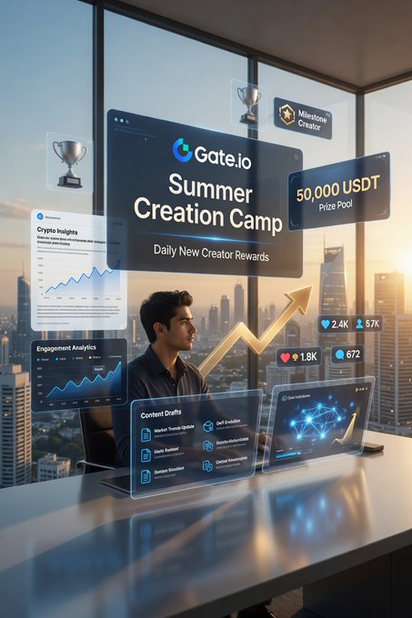 A creator sits at a futuristic desk surrounded by floating holographic panels displaying "Gate.io Summer Creation Camp" with a 50,000 USDT Prize Pool, daily reward metrics (2.4K, 5.7K, 1.8K), and analytics dashboards showing "Crypto Insights," "Engagement Analytics," and "Content Drafts." The image visually reinforces the post's message that consistent content creation in Web3 is about building signal density through compounding outputs—each post adding to a trackable record of expertise—rather than relying on a single viral "lottery ticket" hit.
