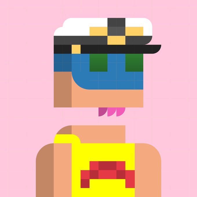 A pixel art illustration of a character with a blue cap, blue and green visor covering the eyes, and a yellow shirt with a red design on the front, set against a pink background.